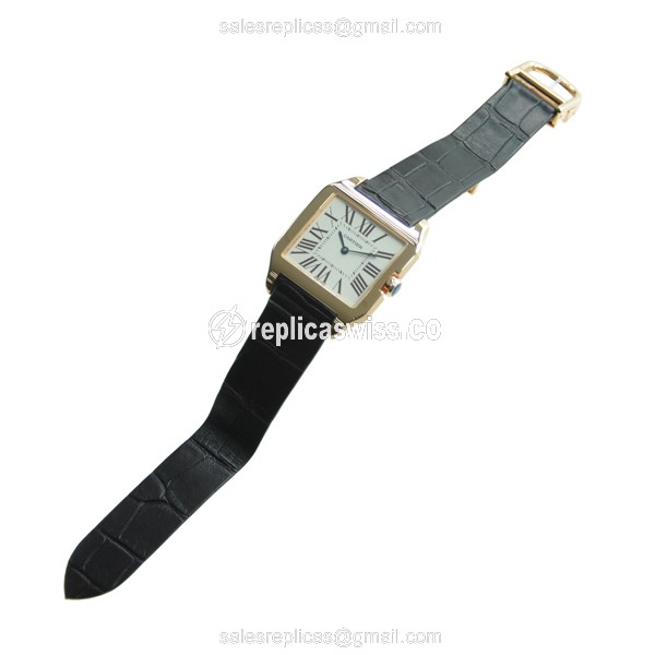 Cartier Santos Replica - Quartz - 18kt Rose Gold - White Dial - Brown Alligator Strap - View 4