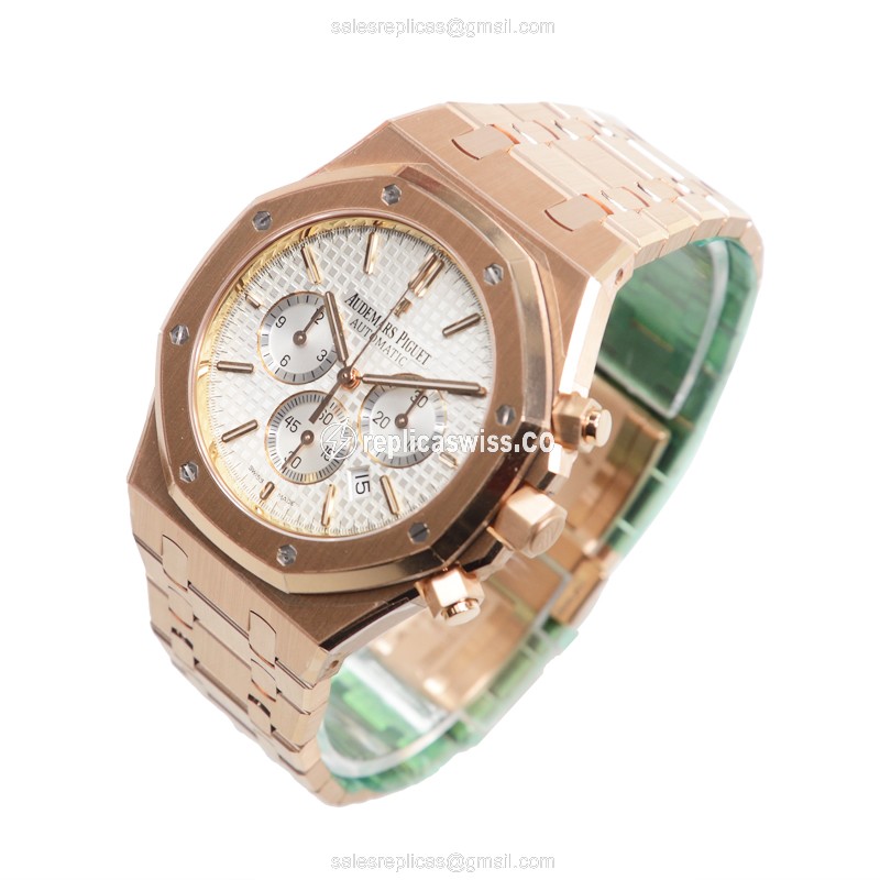 Automatic ROYAL OAK Replica - 18kt Rose Gold - Silver Dial - Gold Strap - View 3