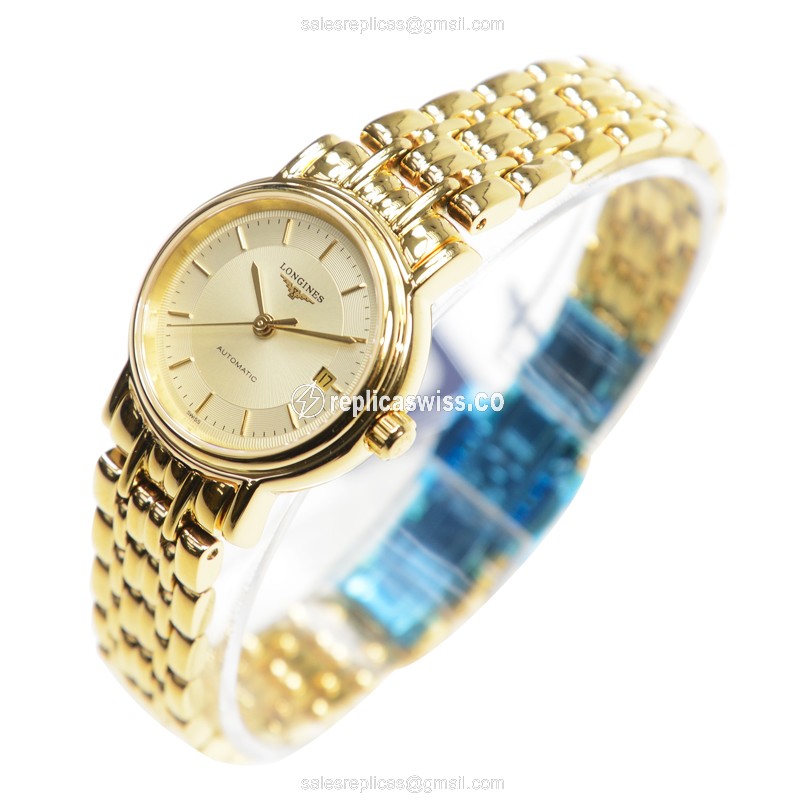 Longines Presence Replica - Automatic - Gold PVD Case - Silver Dial on Gold Strap - View 3
