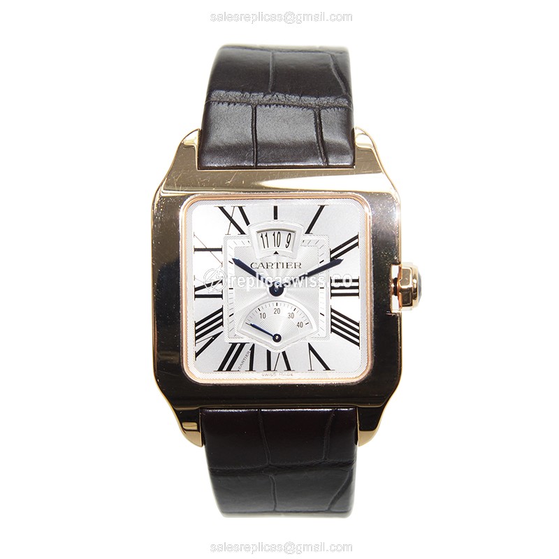 Cartier Santos Replica - Automatic - 18kt Rose Gold - White Dial - Brown Alligator Strap - View 2