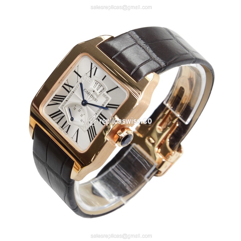 Cartier Santos Replica - Automatic - 18kt Rose Gold - White Dial - Brown Alligator Strap - View 3