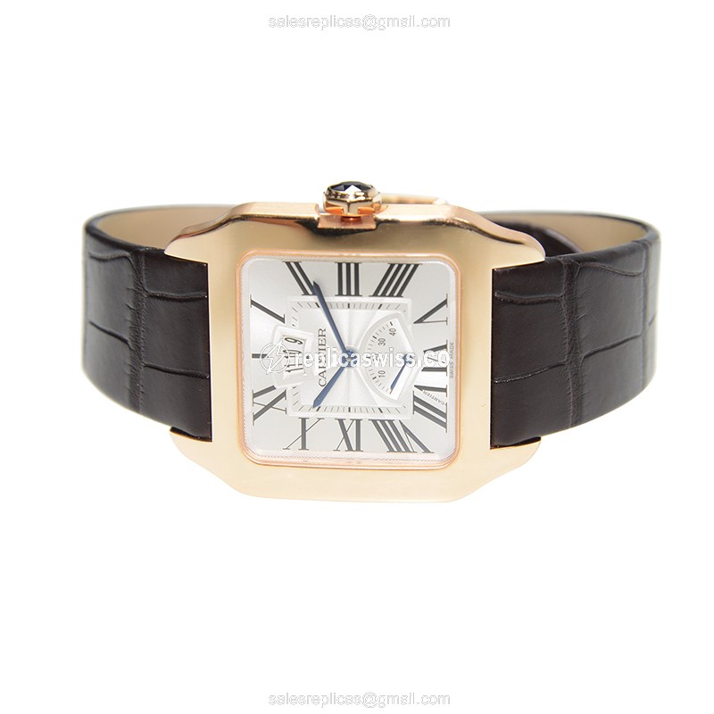 Cartier Santos Replica - Automatic - 18kt Rose Gold - White Dial - Brown Alligator Strap - View 4