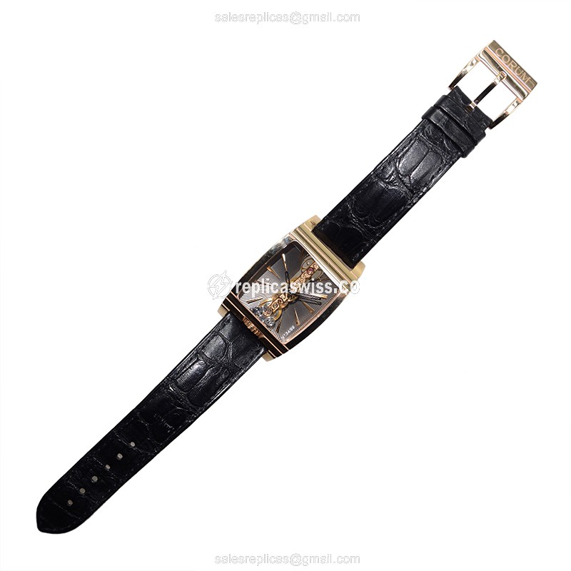 Corum 113.770.55-0001 Replica - Manual Wind - 18kt Rose Gold - Skull Dial - Black Alligator Buckle - View 2