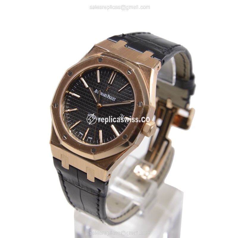 ROLEX ROYAL OAK Replica - Auto - 18kt Rose Gold - Black Dial - Alligator Black - View 3