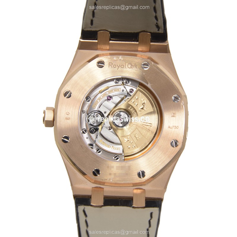 ROLEX ROYAL OAK Replica - Auto - 18kt Rose Gold - Black Dial - Alligator Black - View 4