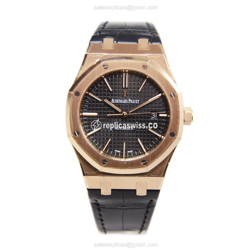 ROLEX ROYAL OAK Replica - Auto - 18kt Rose Gold - Black Dial - Alligator Black - View 2