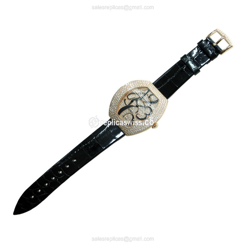 Franck Muller 3540 QZ A D4 CD Replica - Quartz - 18kt White Gold - Diamond - Gold Dial - Leather Black Strap - Buckle - View 2