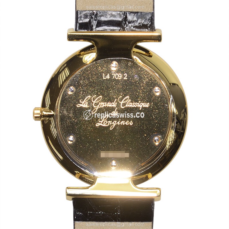Longines LA GRANDE Quartz PVD Gold - Gold Dial - Buckle Clasp - Black Alligator Strap - View 3