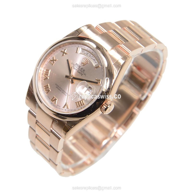 Rolex DAY-DATE Replica - Automatic - Rose Gold - Pink Dial on Gold Strap - View 3