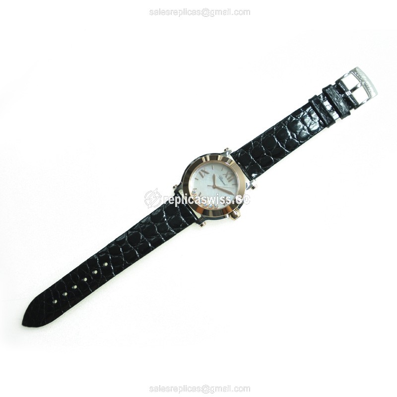 Chopard Happy Sport Quartz - 18kt Rose Gold/Steel - White Dial - Black Alligator Buckle - View 2