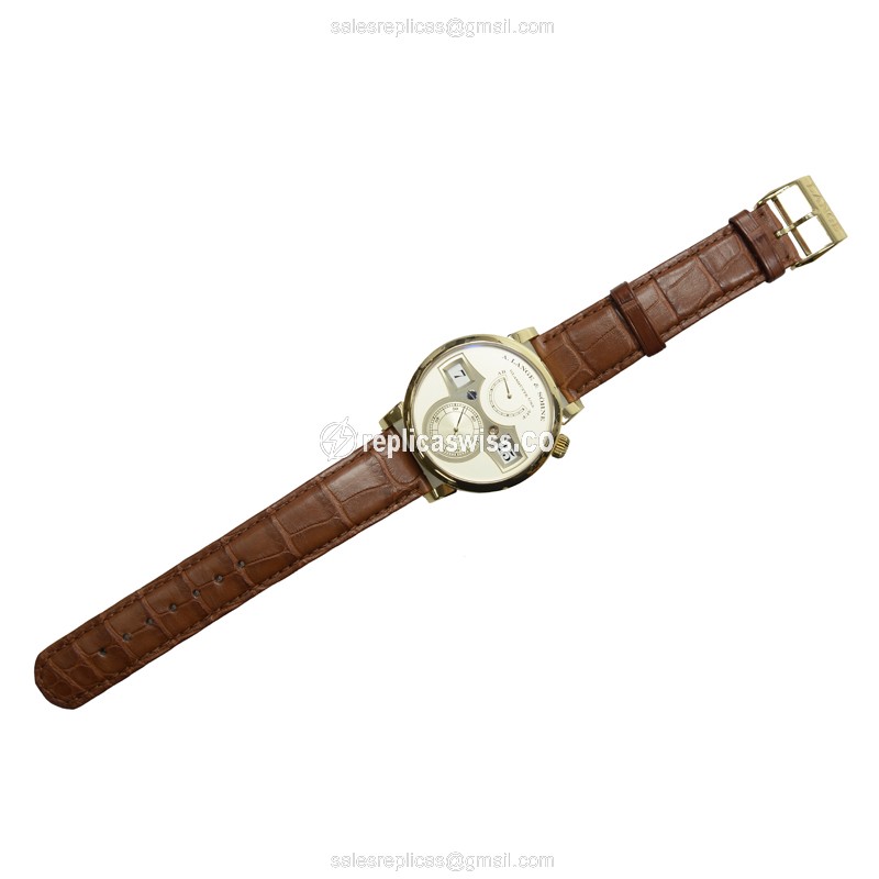 A Lange & Sohne Replica - Manual Wind - 18kt Yellow Gold - Silver Dial - Brown Alligator Strap - View 2