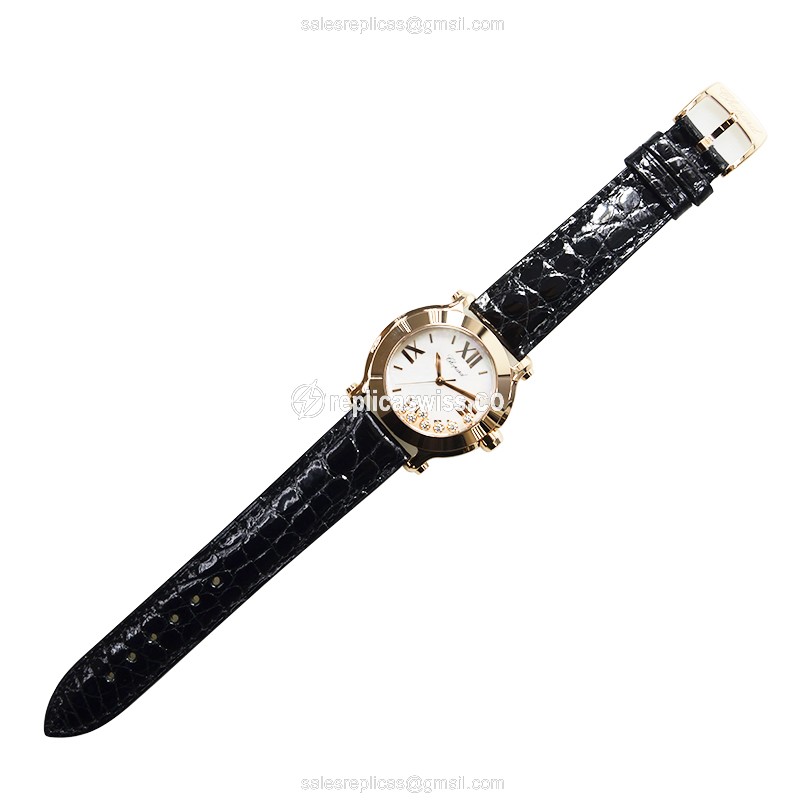 Chopard Happy Sport Quartz 18kt Rose Gold - White Dial - Alligator Black Strap - Buckle Clasp - View 2