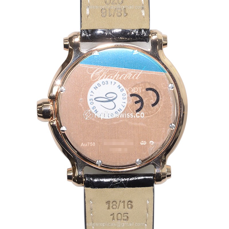 Chopard Happy Sport Quartz 18kt Rose Gold - White Dial - Alligator Black Strap - Buckle Clasp - View 3