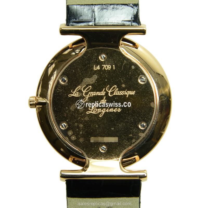 Longines L4.709.1.11.2 Replica - Quartz - 18kt Rose Gold Case - White Dial on Black Alligator Strap - View 3