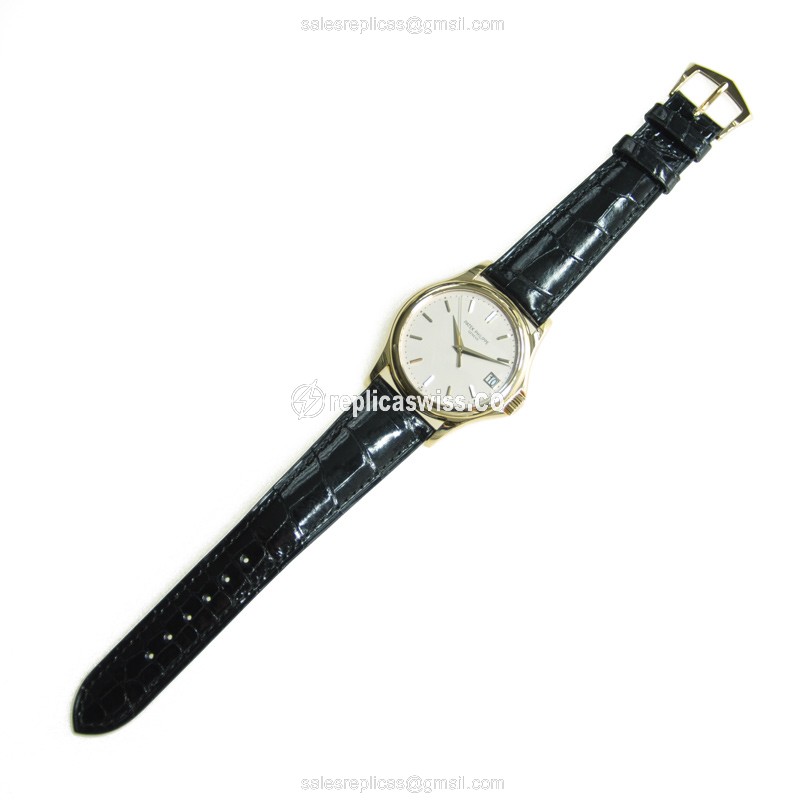 Patek Philippe 5127J-001 CALATRAVA - Automatic 18kt Gold - Silver Dial - Leather Black Strap - View 3