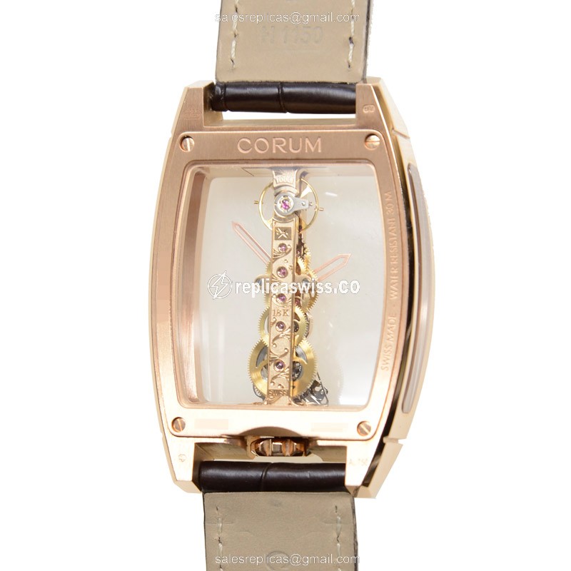 Corum Bridge Replica - Manual Wind - 18kt Rose Gold - Diamond Skull - Black Alligator Buckle - View 3