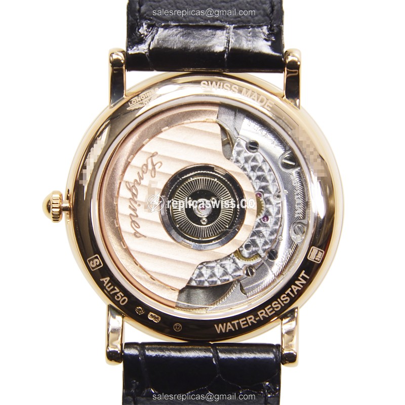 Longines Presence Replica - Automatic - 18kt Rose Gold Case - White Dial, Alligator Strap - View 3