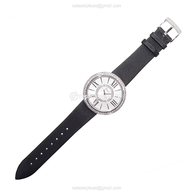 Piaget Limelight Replica - Quartz - 18kt White Gold - Diamond - Silver Dial - Silk Black Strap - View 2