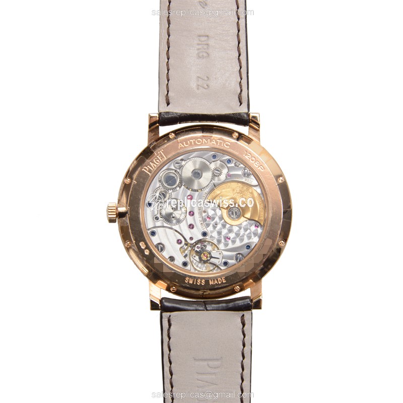 Piaget ALTIPLANO Replica - Automatic 18kt Rose Gold - Diamond Silver Dial - Brown Alligator Buckle - View 3