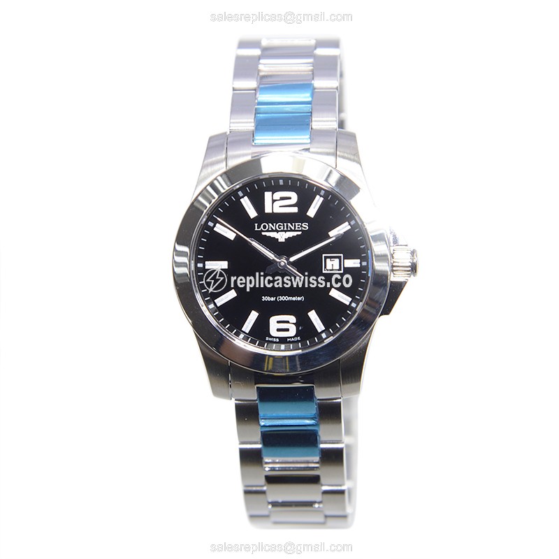 Longines CONQUEST Quartz - Stainless Steel Case, Black Dial, Silver Clasp - View 2