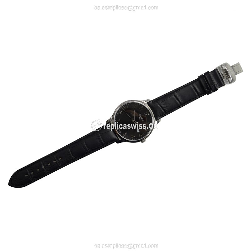 Rolex T-Classic Quartz Replica - Steel Case - Black Dial - Leather Strap - Black Clasp - View 2