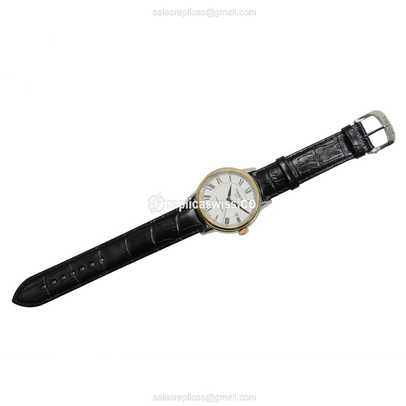 Automatic Tissot T-CLASSIC Watch - White Dial, Steel Case, Leather Black Strap - Buckle Clasp - View 2