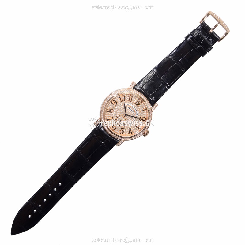 Franck Muller 7421 B S6 D CD LIBERTY Auto 18kt Rose Gold Diamonds - Gold Dial - Black Alligator Buckle - View 2