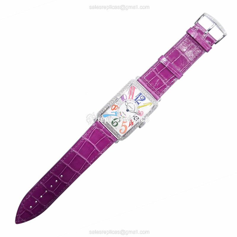 Franck Muller 1200 SC D COL DRM LONG ISLAND - Auto 18kt White Gold - Diamond Dial - Silver - Alligator Purple Buckle - View 2