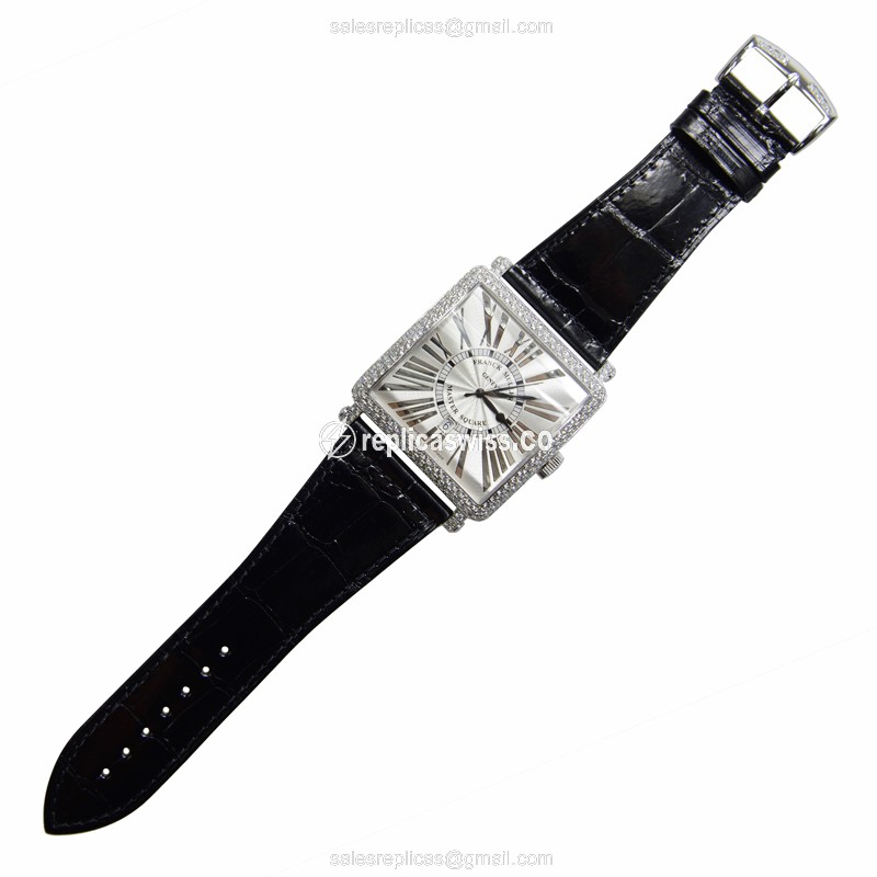 Franck Muller 6000 K SC DT D AC Replica - Automatic - Diamond Case - Silver Dial - Black Alligator Strap - View 2