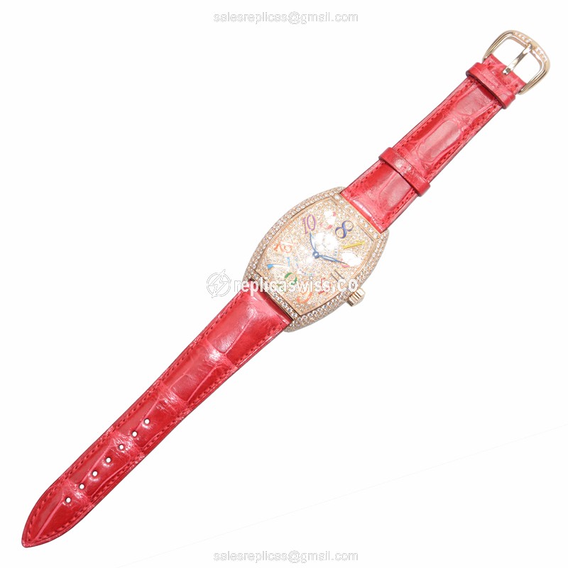 Franck Muller 7880 Replica - Automatic - 18kt Rose Gold - Diamond Dial - Red Alligator Strap - View 2