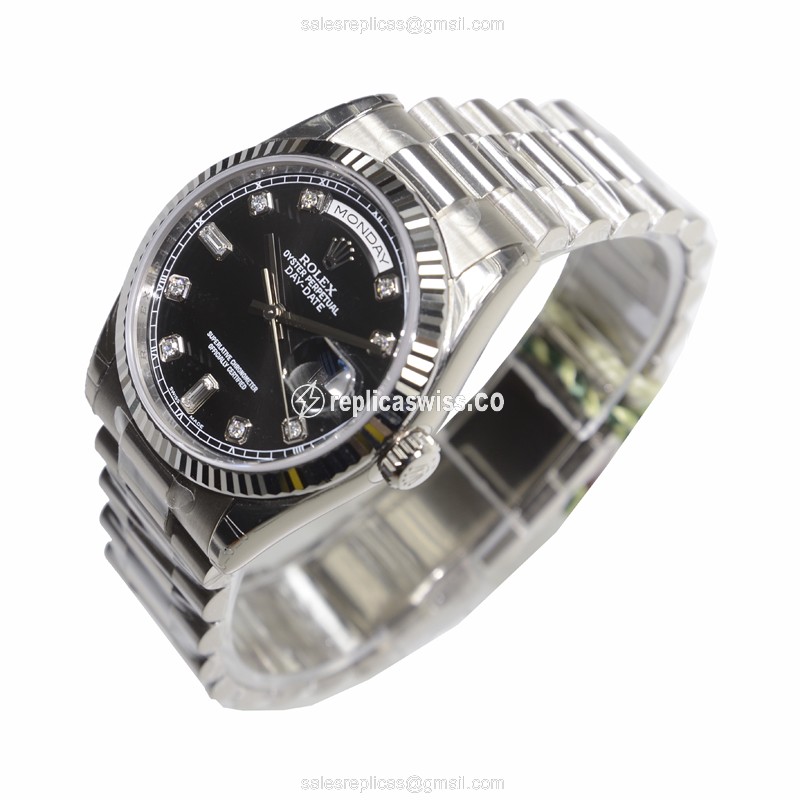 Rolex DAY-DATE Replica - Automatic - 18kt White Gold - Black Dial, Silver Clasp - View 3