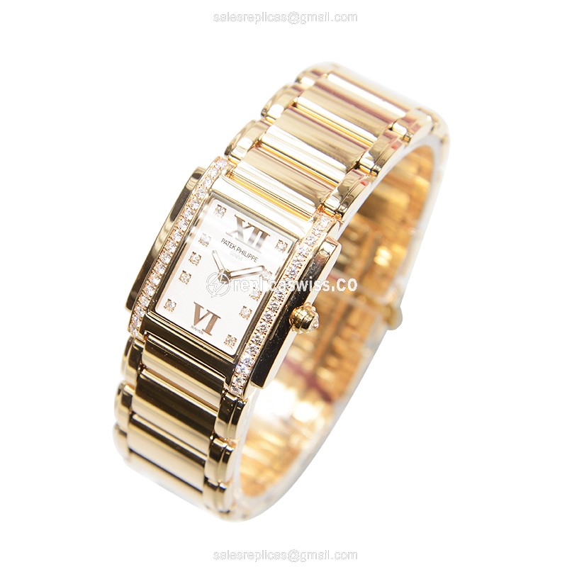 Patek Philippe TWENTY-4 Quartz Replica - Rose Gold Case - Diamond Bezel - Silver Dial - View 3