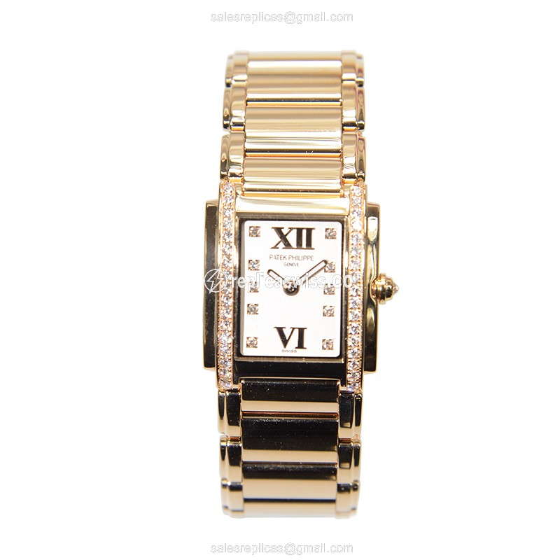 Patek Philippe TWENTY-4 Quartz Replica - Rose Gold Case - Diamond Bezel - Silver Dial - View 2