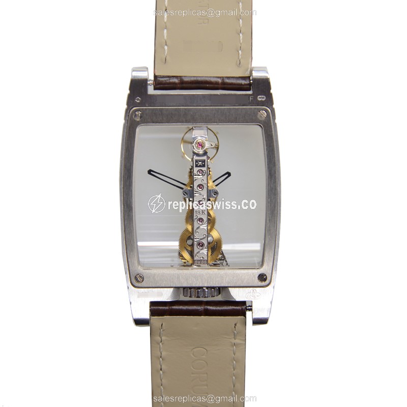 Corum Bridge Replica - Manual Wind - 18kt White Gold - Silver Dial - Brown Leather Strap - View 3