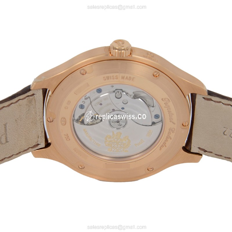 Piaget EMPERADOR Replica - Automatic - 18kt Rose Gold - Blue Dial - Brown Alligator Strap - View 4