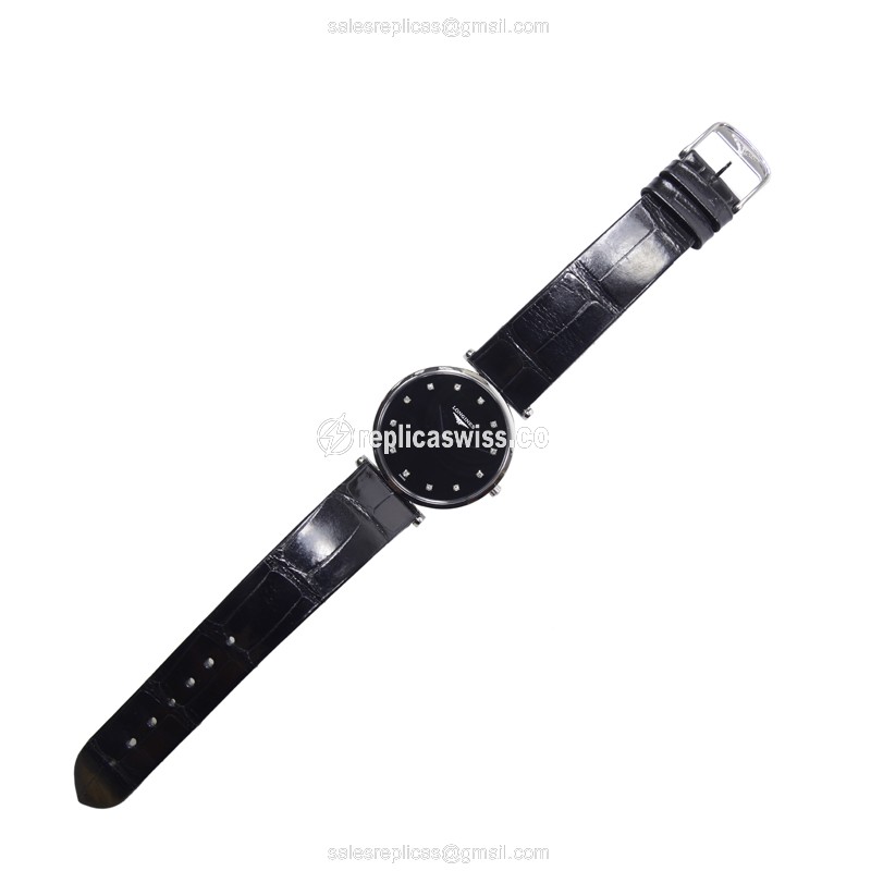 Longines L4.709.4.58.2 Replica - Quartz - Stainless Steel Case - Black Dial on Black Alligator Strap - View 2