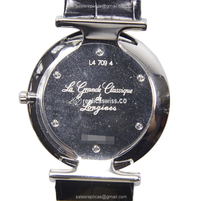 Longines L4.709.4.58.2 Replica - Quartz - Stainless Steel Case - Black Dial on Black Alligator Strap - View 3