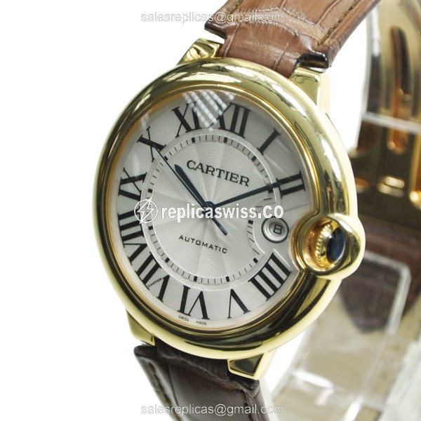 Cartier Ballon Bleu Replica - Automatic - 18kt Gold - White Dial - Brown Alligator Strap - View 3