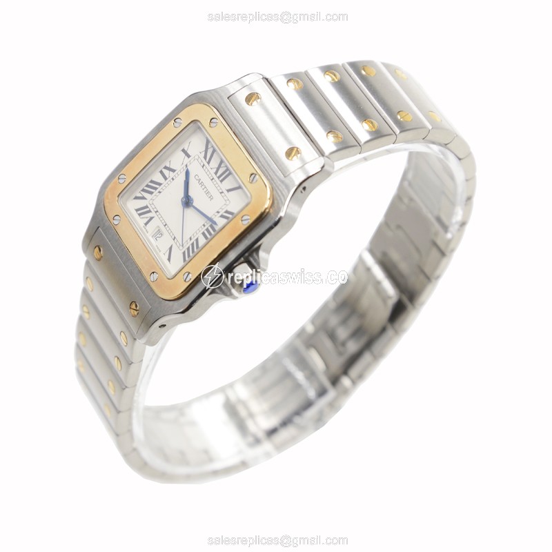 Cartier Santos Quartz Replica - 18kt Gold & Steel - White Dial, Silver Strap - View 3
