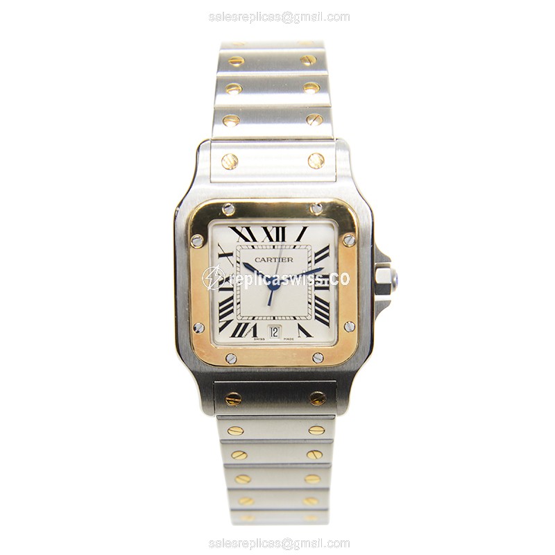 Cartier Santos Quartz Replica - 18kt Gold & Steel - White Dial, Silver Strap - View 2