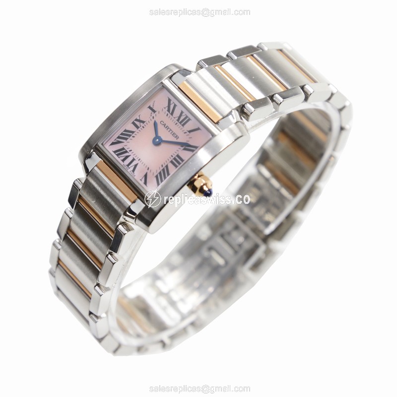 Cartier Tank Replica - Quartz - Steel - Pink Dial - Gold Strap - View 3