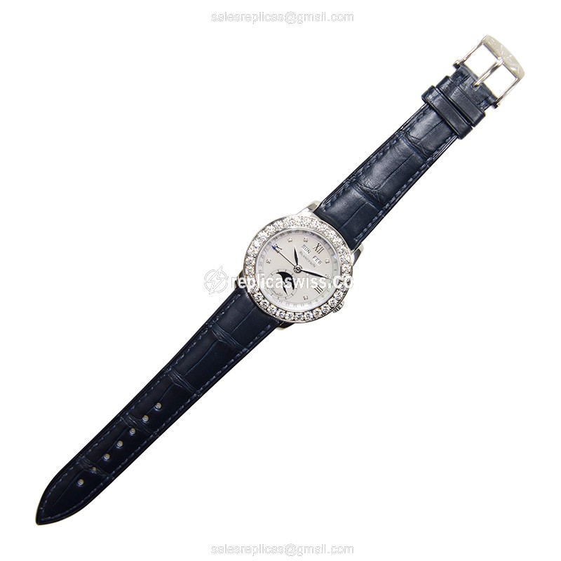 Blancpain Leman Replica - Auto - 18kt White Gold - Diamond - White - Blue Alligator - Buckle - View 2