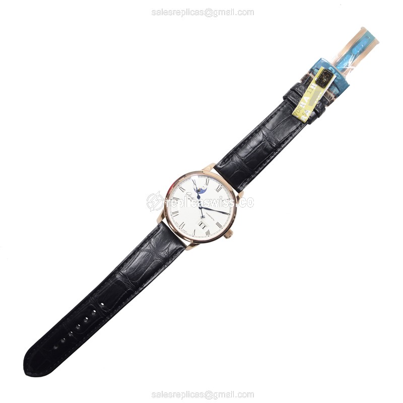 Glashutte Senator Panorama Date Replica - Automatic 18kt Rose Gold - Silver Dial - Black Alligator Strap - View 2