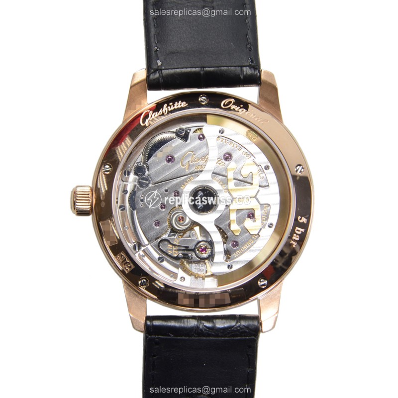 Glashutte Senator Panorama Date Replica - Automatic 18kt Rose Gold - Silver Dial - Black Alligator Strap - View 3