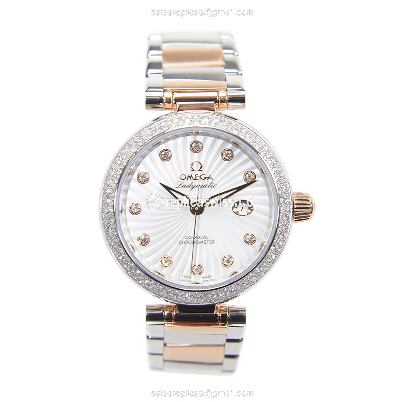 Omega DE VILLE Replica - Automatic 18kt Rose - Diamond White Dial - Silver Steel Strap - View 2