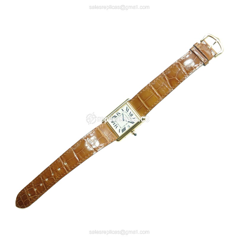 Cartier TANK Replica - Quartz - 18kt Yellow Gold - White Dial - Brown Alligator Buckle - View 3