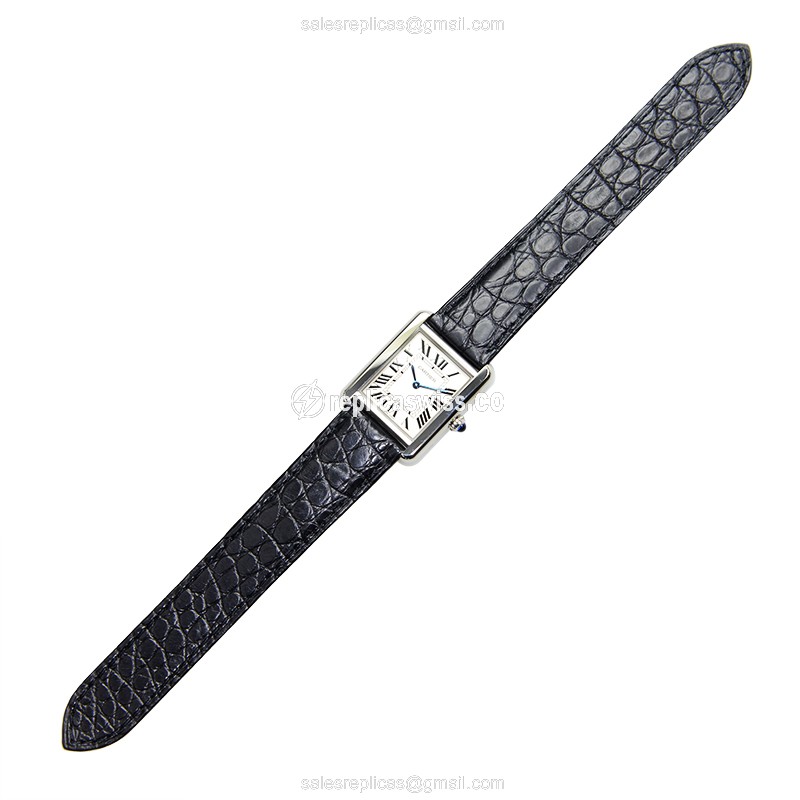 Cartier TANK Quartz Steel - Silver Dial - Black Alligator - Clasp - View 2