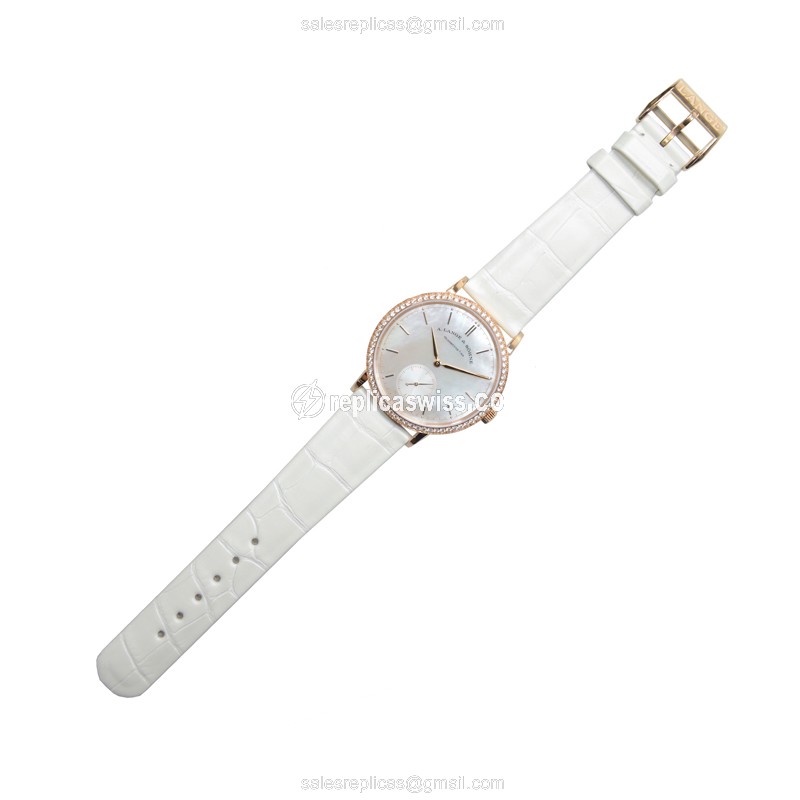 A Lange & Sohne SAXONIA Replica - Automatic - 18kt Rose Gold - Diamond Accents - White Dial & Alligator Strap - View 2