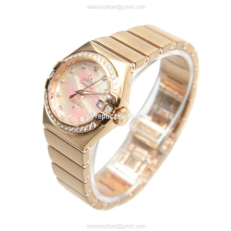 Omega Constellation Replica | Automatic | 18kt Rose Gold & Diamond Case | White Dial - View 3