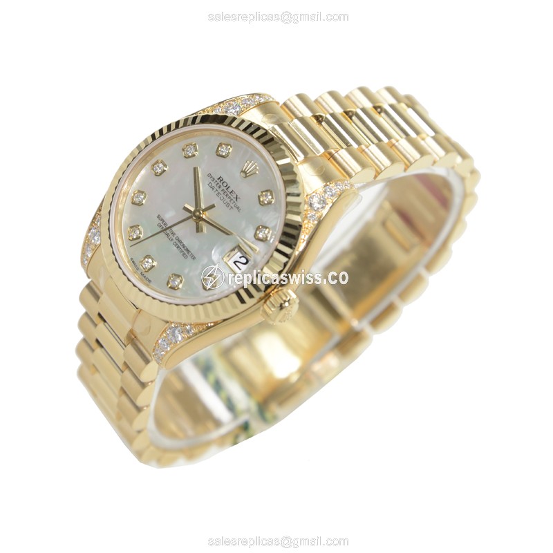 Rolex DATEJUST Replica - Automatic - 18kt Gold Case - White Dial - Gold Clasp - View 3